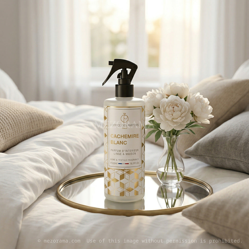 Parfum d'intérieur apaisant, Cachemire Blanc L'Office des Parfums, Spray Linge et Maison, 500ml