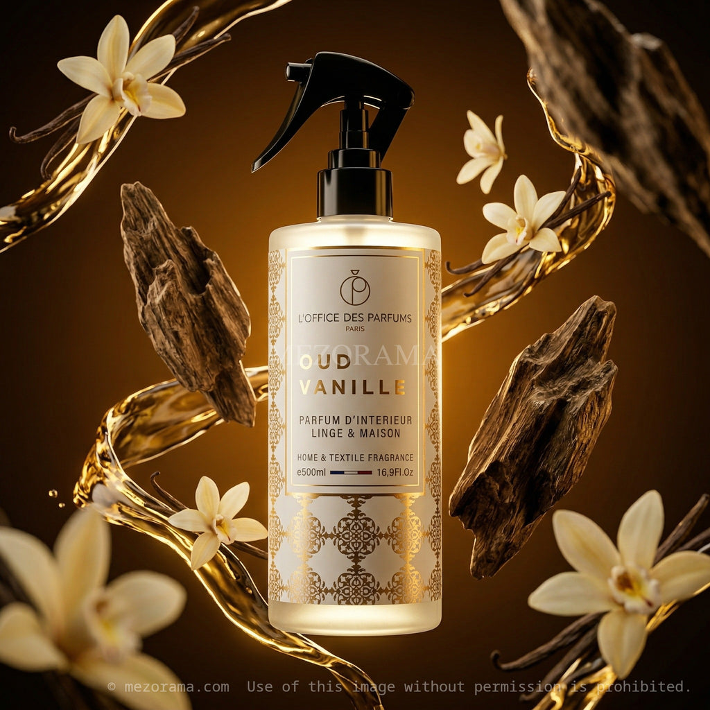 Ambiance luxueuse et chaleureuse, L'Office des Parfums, Oud Vanille, Spray textile et maison, 500ml