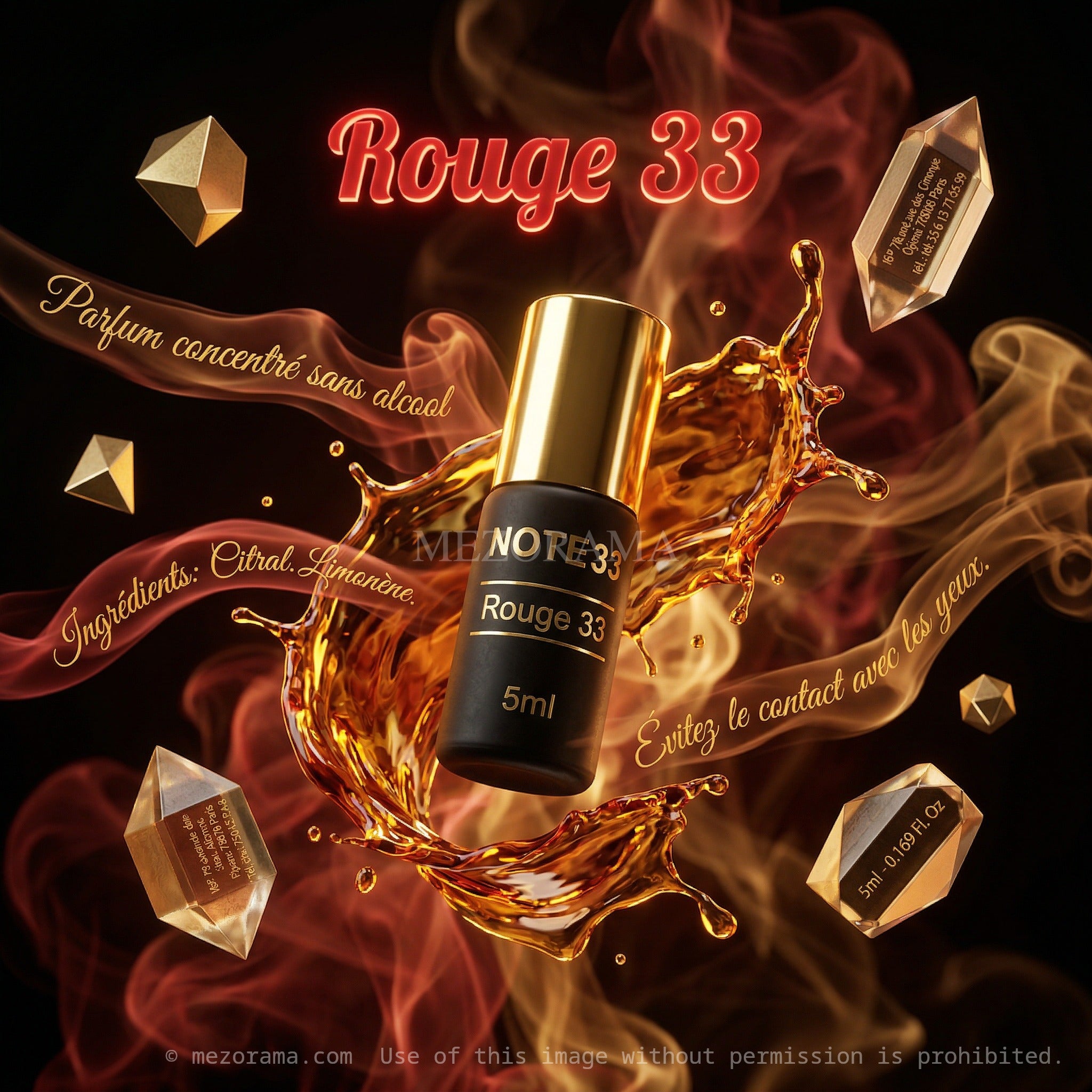 Parfum intense sans alcool, Rouge33, NOTE33, Roll-on, Extrait de parfum, 5ml