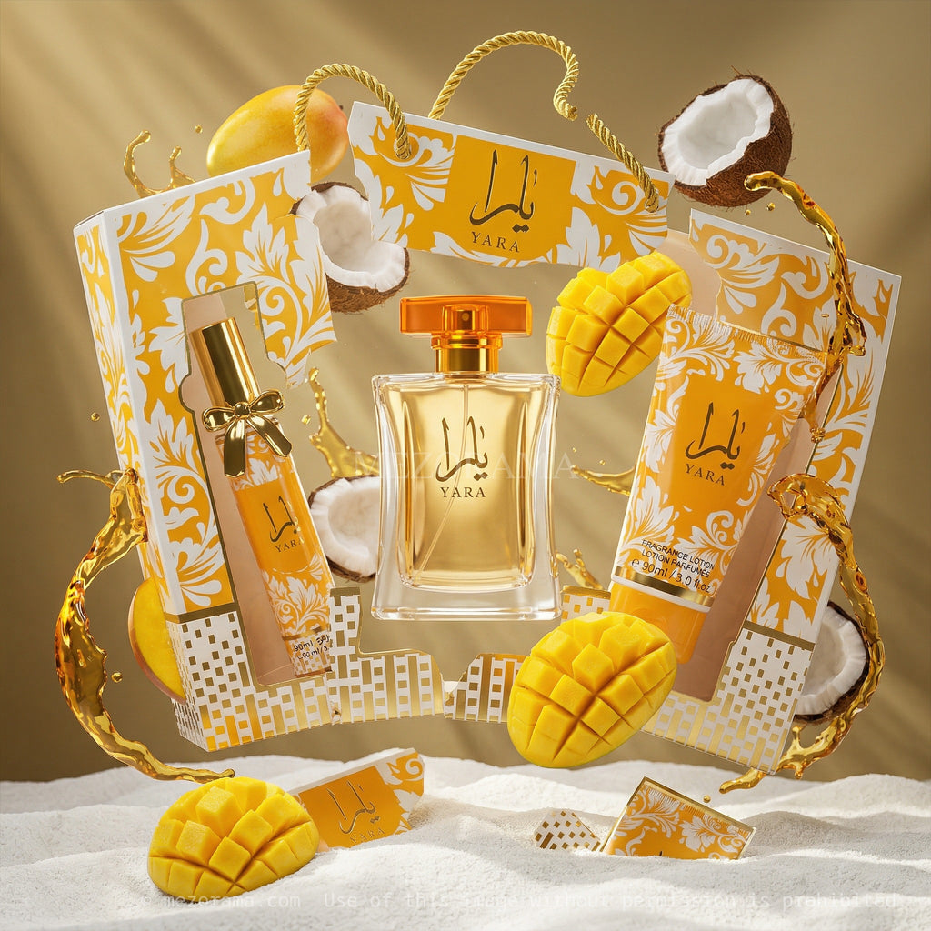 Sillage exotique longue tenue, Yara, Édition Jaune, Coffret Parfum Brume et Lait, 3 pièces