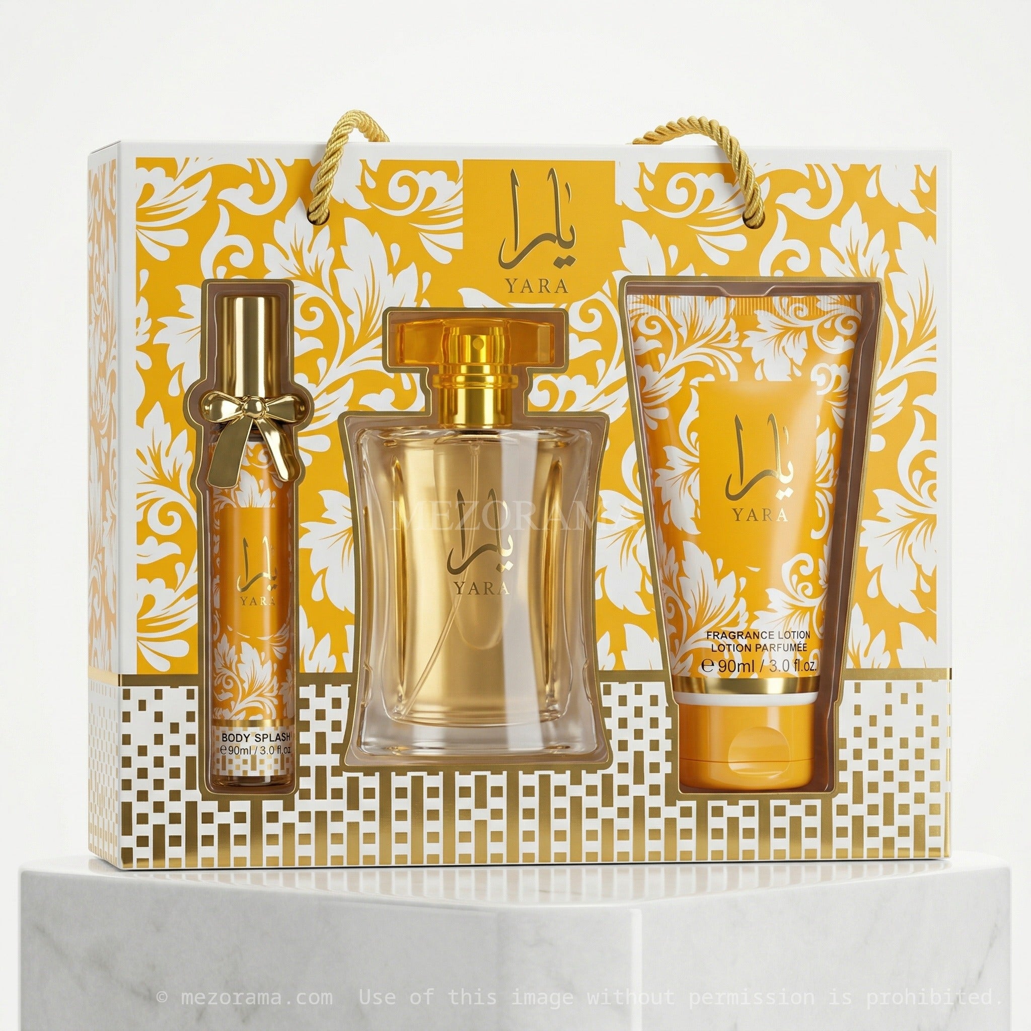 Sillage exotique longue tenue, Yara, Édition Jaune, Coffret Parfum Brume et Lait, 3 pièces